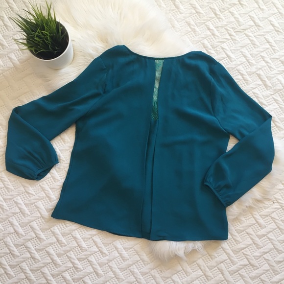 {Pants Store} Silky Blue Top with Peek Lace Back - Picture 3 of 7